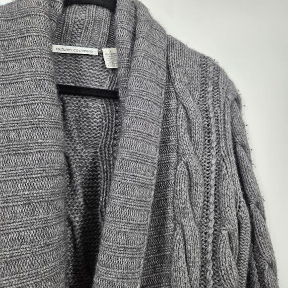 Autumn Cashmere women L Grey Cashmere Merino Blend Cable Knit Sweater Cardigan - Picture 2 of 6